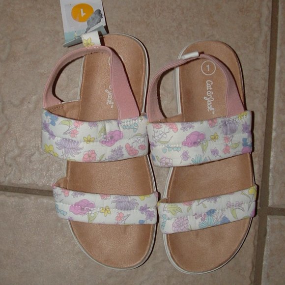 NEW Girls Sz 1 Contoured Footbed White Floral Straps Slip On Sandals - Picture 1 of 2